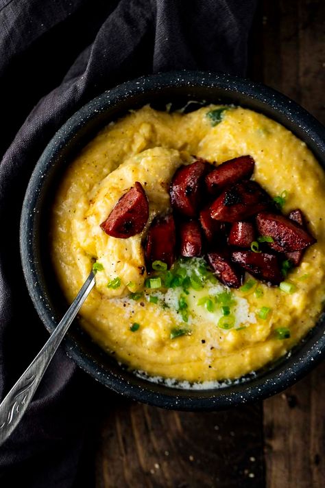 Chorizo And Grits, Grits Breakfast Ideas, Kielbasa And Grits, Meals With Grits, Grits And Veggies, Grits Meals, Cheesy Jalapeño Grits, Goat Cheese Grits, Grits And Sausage Breakfast