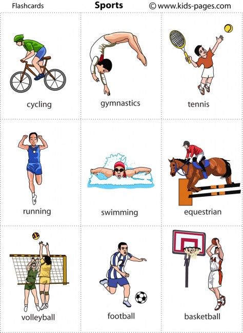 Kids Pages - Flashcards - Sports Esl Vocabulary, Learning English For Kids, Flashcards For Kids, Kids Pages, Printable Flash Cards, English Classroom, English Lessons For Kids, English Activities, Different Sports