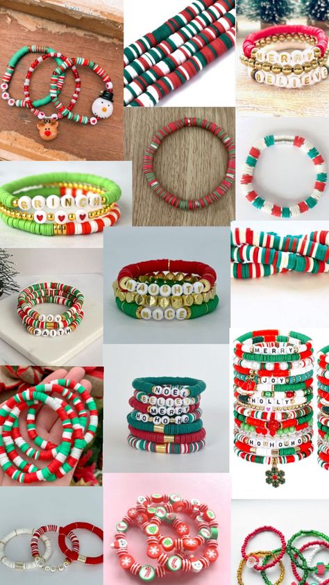 Christmas Bracelet Ideas, Clay Bead Bracelet Ideas, Bead Bracelet Ideas, Scene Kandi, Xmas Beads, Christmas Jewelry Diy, Cute Christmas Ideas, Colorful Bead Bracelets, Clay Bead Necklace