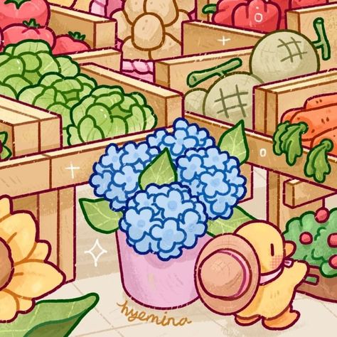 Hyemin (Heh-min)🍃🌞 on Instagram: “A duckling farmer is setting up some flowers 🐥🌷 . #hyemina #artmail #illustration #cute #procreateillustration #kawaiiillustration…” Farm Drawing Aesthetic, Cottage Core Cartoon, Cute Garden Illustration, Cute Picnic Drawing, Cute Cottage Drawing, Hydrangea Cute Drawing, Flower Shop Illustration, Kawaii Garden Illustration, Cottage Drawing