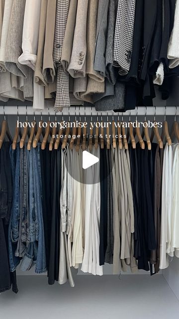 KATIE PEAKE on Instagram: "Wardrobe organisation tips 📌🤍🧥👖 I’ve had a HUGE declutter & sort out over the last couple of weeks & wanted to organise my things so it’s easy for me to get dressed every day. Also the baby hanger hack is a gamechanger for hanging your trousers. SO satisfying 👏🏻 full YouTube video is on my channel. . . Wardrobes are from @tylko use ‘katiepeake’ for 44% off until 31.01 *pr product . . Wardrobe organisation, closet, closet organisation, how I organise my clothes, storage hacks . . #wardrobes #wardrobestylist #wardrobegoals #cleanoutyourcloset #closetorganization #closetgoals #wardrobeorganisation #clothesorganizer #wardrobeinspiration #wardrobeinspo #knitwearfashion #dressingrooms #dressingroomgoals #dressingroominspo #dressingroomdesign #storagesolutions #st Wardrobe Trousers Storage, Hanging Clothes Storage Ideas, Dress Pant Storage, Trouser Hanger Wardrobe, Trouser Organisation, Tiny Home Clothes Storage Small Closets, Hanger Wardrobe Ideas, Dress Storage Ideas Closet Organization, Couple Wardrobe Organisation