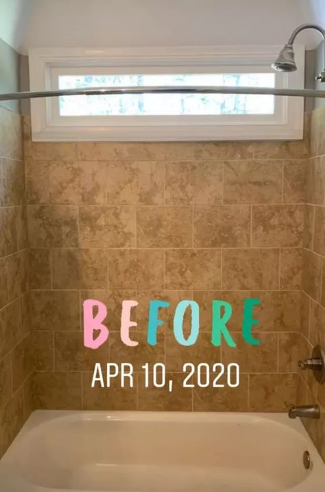 If you’ve ever wanted to give your shower a simple makeover, this DIY tutorial is for you! We decided to learn how to paint the tile in our downstairs bathroom and are so excited about the turnout!WHAT YOU’LL NEED:A drill to remove the plumbing fixtures Painters TapePaint BrushPaint RollerTub & Tile Refinishing Kit – Epoxy Acrylic FormulaCaulk (if epoxy does not stick in certain spots)Highly Recommended: Mask or Air Purifier to help with fumes.THE BEFORE: THE PROCESS:Before you begin… Tile Around Tub, Painted Shower Tile, Painting Bathroom Tiles, Tile Refinishing, Painted Bathroom, Painting Shower, Tub Tile, Bath Tiles, Diy Shower