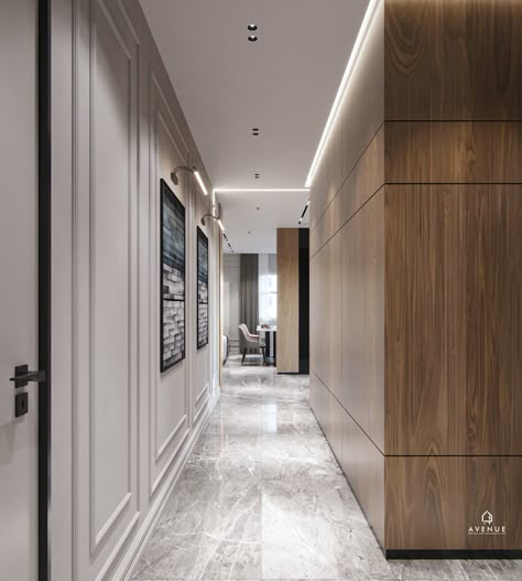 1st Floor | MM Villa on Behance Home Passage Wall Design, Contemporary Wall Panelling, Passage Wall Design, Hallway Panelling Ideas, Passage Interior, Neoclassical Bedroom, Hall Ways Ideas, Wooden Wall Design, Corridor Design