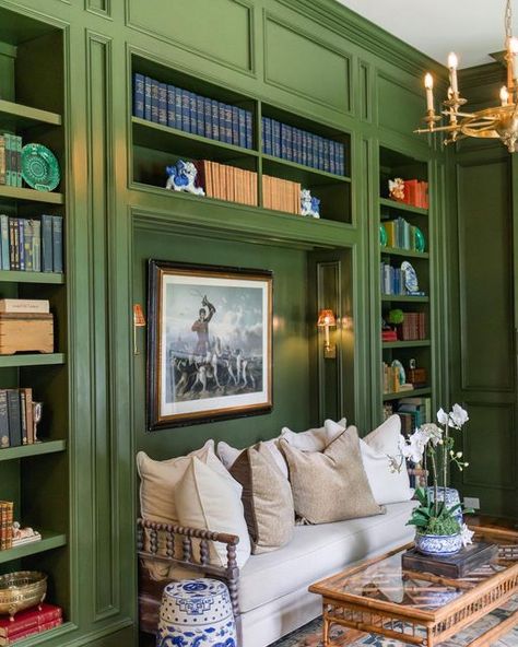 Canvas & Clay Studio | Interior Design on Instagram: "Feeling extra 🍀lucky🍀 to be able to spend time in this cozy green study! #stpatricksday #interiordesign #canvasclay #greenstudy #studydesign #southernliving #bookshelfdecor #designer #decorating #inspiration #designinspiration #traditionahome #traditionaldesign #southerndesign" Green Built Ins, Green Library Room, 70s Remodel, Beecham House, Canvas And Clay, Green Study, Library Nook, Green Bookshelves, Reading Spaces