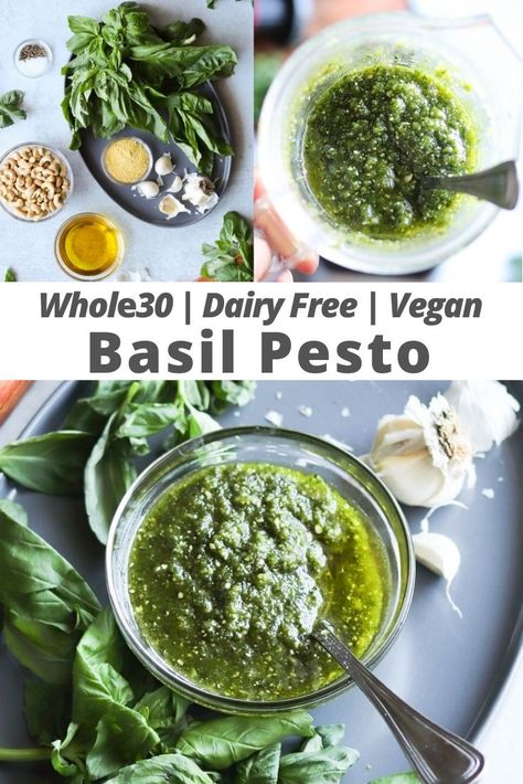 This easy Dairy Free pesto recipe is Whole30, Low Carb, and Vegan, and it will quickly become your favorite healthy condiment! This pesto recipe comes together in just a few minutes with wholesome, healthy ingredients like fresh basil, garlic, olive oil, and cashews and without pine nuts. The secret ingredient? Nutritional yeast! #cookathomemom #vegan #whole30recipes #pesto Whole30 Pesto, Oil Free Pesto, Vegan Budget, Whole30 Vegan, Vegan Low Carb, Dairy Free Pesto, Dairy Free Low Carb, Healthy Ingredients, Pesto Recipe