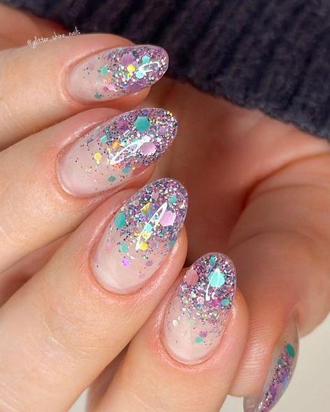 Summer Glitter Almond Nails | Sparkling, Chic & Trendy Manicure Glitter Colorful Nails, Glitter Tip Dip Nails, Short Almond Dip Nails Spring, Pastel And Glitter Nails, Disco Glitter Nails, Dip Powder Nails Almond Shape Short, Glitter Fade Acrylic Nails, Spring Glitter Nails Sparkle, Almond Nails Glitter Tip