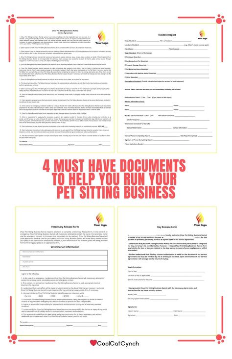 These documents are a must have for your pet sitting business to protect yourself and your business. Included in this bundle: 1) Pet Sitting Service Agreement 2) Veterinary Release Form 3) Key Release Form 4) Incident Report Form *BONUS DOCUMENT* - Meet and Greet Sheet You will receive access to these documents through Google Documents. Incident Report Form, Pet Sitting Business, Service Agreement, Pet Sitting Services, Incident Report, Business Documents, Meet And Greet, Pet Sitting, Protect Yourself