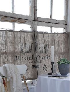 Inspire: French Vintage Grain Sack Cafe Curtains featured in Jeanne d'Arc Living Magazine Primitive Curtain Ideas, Primitive Home Decorating, Primitive Curtains, Rustic Cafe, Primitive Home Decor, French Country Kitchens, Primitive Homes, Burlap Curtains, Rustic Curtains