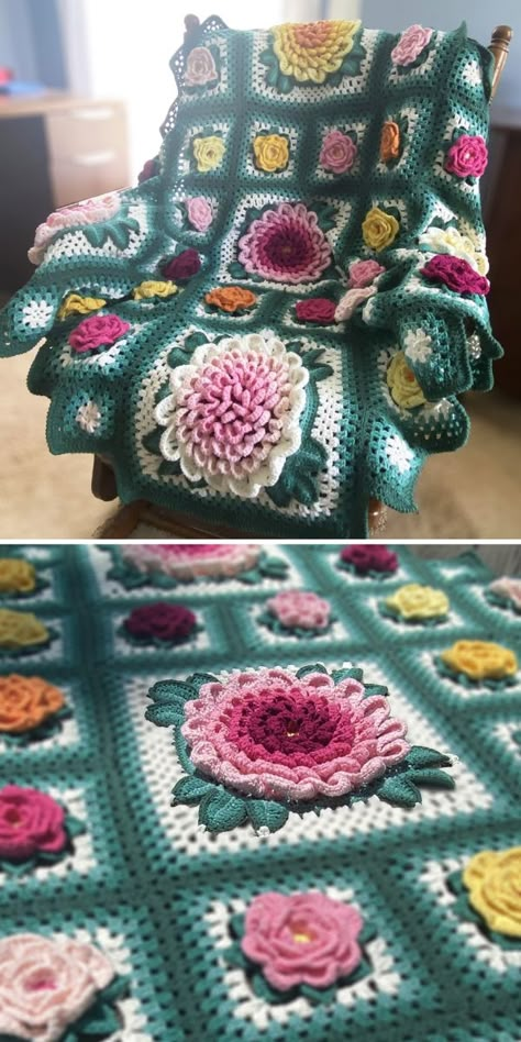 Crochet Flower Blanket Patterns, Flower Blankets, Crochet Mens Hat Pattern, Flower Pillow Pattern, Itoh Peony, Flower Afghan, Crochet Flower Granny Square Pattern, Granny Square Pattern Free, Crochet Flower Blanket