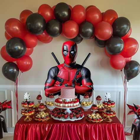 deadpool-birthday-party-decorations-01 Deadpool Trunk Or Treat, Deadpool Party Decorations, Deadpool Birthday Party Ideas, Deadpool Halloween, Deadpool Party, Deadpool Birthday, Panda Themed Party, Party Zone, Cakes Decor