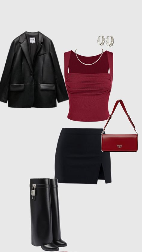 Classy outfit Red Top Black Skirt, Red Top Outfit, Givenchy Boots, Top Outfit, Cherry On Top, Red Outfit, Red Top, Basic Outfits, Boots Outfit