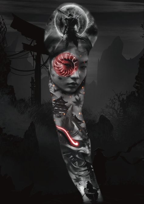 Japanese Realism Tattoo Design, Japanese Surrealism Tattoo, Dark Samurai Tattoo, Geisha Warrior Tattoo, Japanese Realism Tattoo, Japanese Realism, Neon Samurai, Realism Tattoo Design, Indian Girl Tattoos