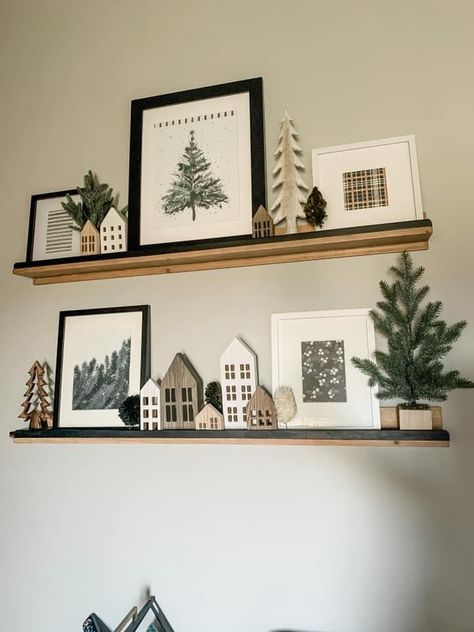 Photo Ledge Christmas Decor, Decorate Shelf For Christmas, Shelf Styling Christmas, Christmas Decor On Built In Shelves, Seasonal Shelf Decor, Christmas Picture Ledge, Boho Christmas Shelf Decor, Ledge Christmas Decorating Ideas, Christmas Picture Ledge Decor