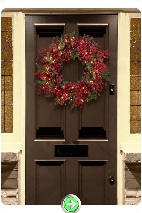 Radiant red berry wreath against a dark wooden door, featuring vibrant red accents for a timeless seasonal look. Perfect for adding warmth and elegance to any entrance. Winter Wreaths For Front Door, Red Berry Wreath, Front Door Ideas, Winter Wreaths, Radiant Red, Berry Wreath, Door Ideas, Winter Wreath, Red Accents