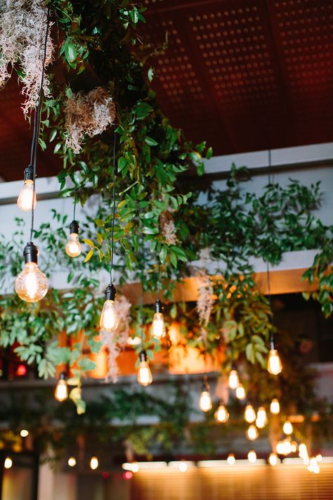 Hanging Light Bulbs Aesthetic, Edison Bulbs Wedding, Wedding String Lights Indoor, Bulb Decoration Ideas Lightbulbs, Edison Lights Wedding, Bistro Lights Wedding, Edison Lighting Wedding, Edison Bulb Wedding, Greenery Installation