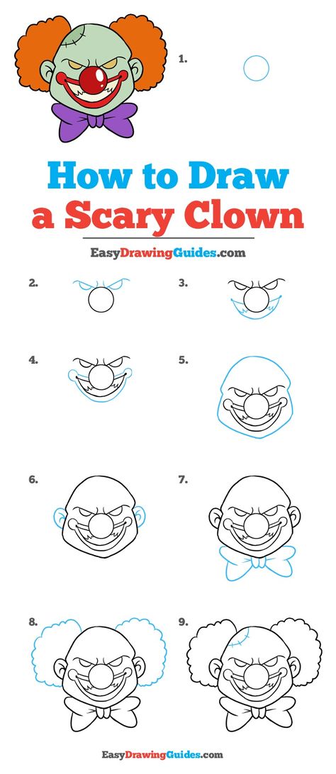 Learn How to Draw a Scary Clown: Easy Step-by-Step Drawing Tutorial for Kids and Beginners. #ScaryClown #drawingtutorial #easydrawing See the full tutorial at https://easydrawingguides.com/how-to-draw-scary-clown/. Scary Clown Drawing, 3d Drawing Tutorial, Easy Halloween Drawings, Easy Drawing Guides, Scary Drawings, Arte Doodle, Clown Halloween, Drawing Guides, Easy Drawings For Beginners