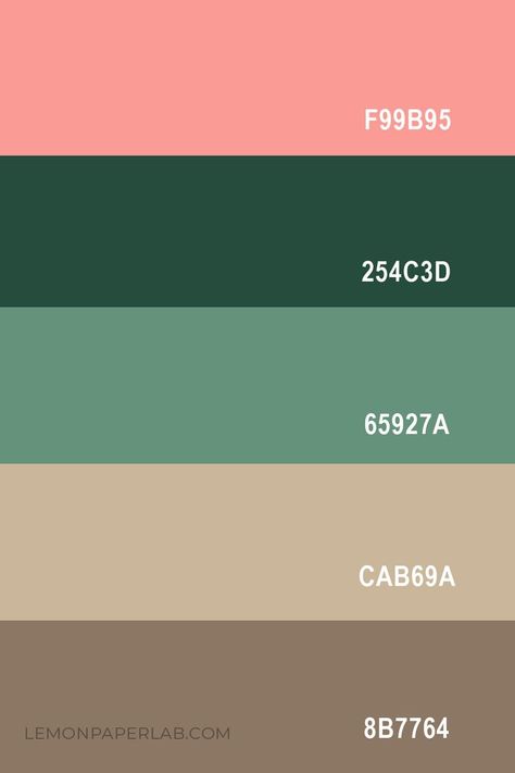 Looking for new color ideas? Check out this nature inspired color palette featuring Coral Blush, Forest Green, Light Sage Green, Tan and Taupe Brown. Pink Green Brown Aesthetic, Coral Pink Bedroom, Green Pink Color Palette, Light Green Color Palette, Coral Forest, Coral Room, Coral Colour Palette, Future Farmhouse, Vintage Colour Palette