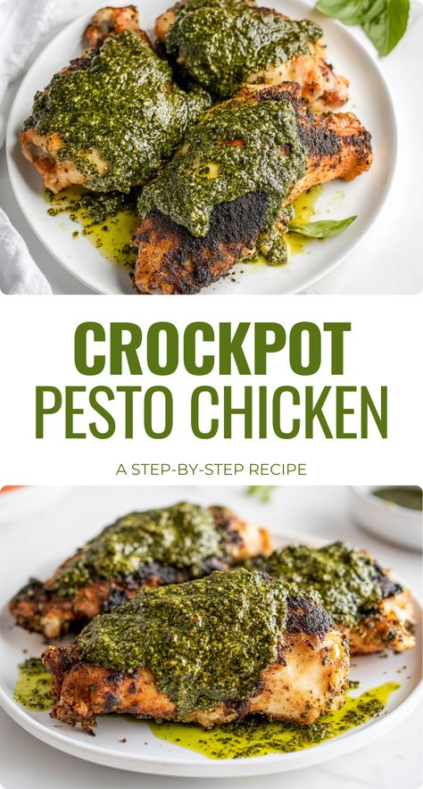 When you need a simple yet satisfying meal, Crockpot Pesto Chicken is your answer. With minimal prep time and a few flavorful ingredients, this recipe will quickly become a family favorite. The slow cooker works its magic, infusing tender chicken breasts with the aromatic goodness of basil pesto. Pair it with pasta, veggies, or your favorite sides for a wholesome, stress-free dinner. Paleo Pesto Chicken, Chicken Pesto Instant Pot Recipes, Basil Pesto Chicken Pasta Crock Pot, Crockpot Pesto Chicken Pasta, Pesto Crockpot Chicken, Paleo Chicken Crockpot Recipes, Pesto Chicken Crockpot, Slow Cooker Chicken Pesto, Healthy Chicken Pesto