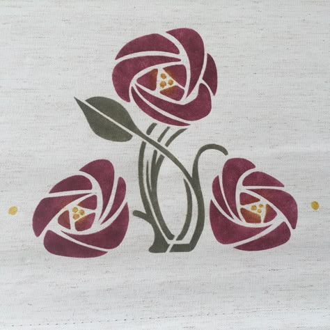 From Melton Workroom. Rose Medallion on a handkerchief linen curtain panel. Stencil colors are dark red and loden. In the arts and crafts style #rollershades #windowcoverings #stencil #artsandcrafts #prairie textiles #windowcoverings #interiordesign Colorful Embroidery Patterns, Art Nouveau Rose, Mackintosh Rose, Motifs Art Nouveau, Art Deco Ideas, Flower Stencils, Art Deco Rose, Rose Stencil, Flower Pattern Drawing