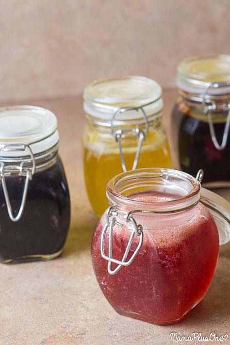 Fruit flavored syrups made with REAL fruit to amp up your waffle and pancake game! - Mama Plus One Fruit Syrups For Canning, Flavored Pancake Syrup, How To Make Fruit Syrup, Flavored Syrups For Pancakes, Fruit Syrup For Pancakes, Fruit Syrup Recipe, Pancake Game, Pancake Syrup Recipe, Simple Syrups