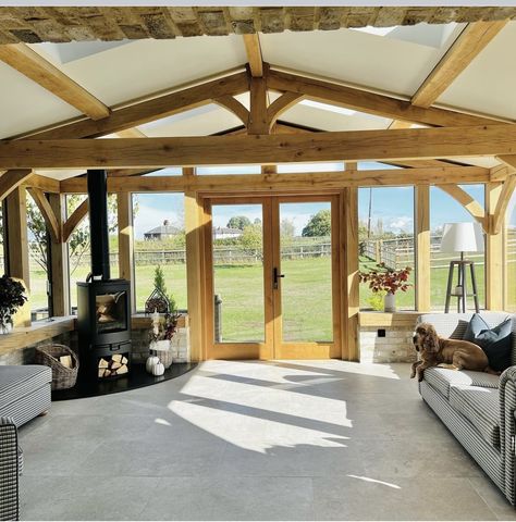 Orangery Interior, Sunroom Renovation, All Season Porch, Cottage Extension, Upside Down House, Woodburning Stove, Mrs Hinch, Wood Burning Stoves, Cabin Living Room