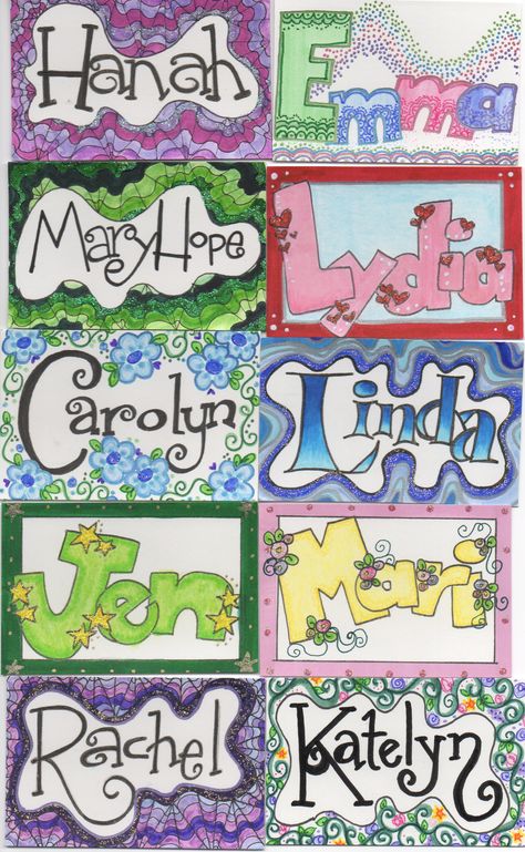 Name tags I drew for kids I work with.  3 Name Posters For Students, Name Portfolio Art Projects, Doodle Name Art Ideas, Name Poster Ideas, Name Tag Art, Nametag Design, Name Art Projects, Name Design Art, Name Tag For School