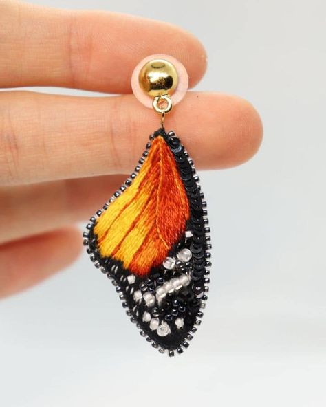 Insect Earrings, Monarch Butterfly Wings, Butterfly Wings Earrings, Hand Embroidered Jewelry, Embroidered Earrings, Wings Earrings, Butterfly Wing Earrings, Ideas Handmade, Bead Embroidery Jewelry