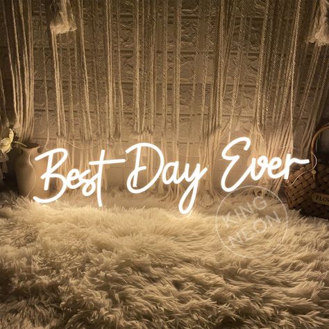 #WeddingNeonSigns #WeddingDecor #CustomNeonSigns #UniqueLighting Best Day Ever Neon Sign, Neon Sign For Wedding Backdrop, Neon Signs For Weddings, Wedding Grass Wall, Best Day Ever Sign, Neon Event, Grass Wall Decor, Wedding Neon Light, Acrylic Installation