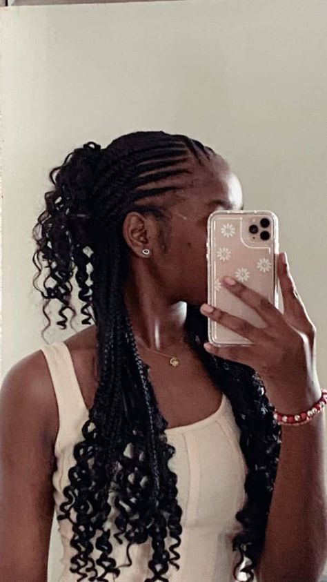 Pull Back Braid Hairstyles, Corn Rolls With Box Braids, Braids For Homecoming Black, Ways To Style Fulani Braids With Curls, Fulani Braids Claw Clip, Braids Half Up Half Down Black Women, Half Corn Rows Half Box Braids, Half Up Half Down Feed In Braids, Fulani Braids Hairstyles Designs With Curls