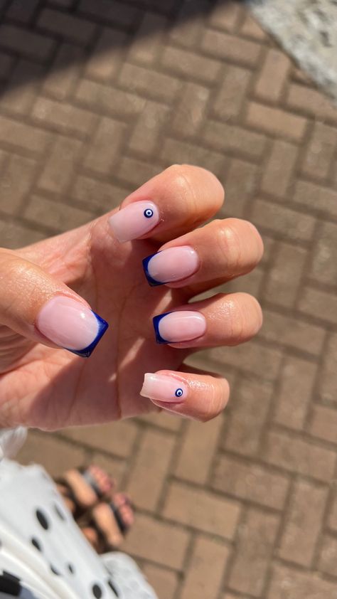 Blue French Evil Eye Nails, Blue French Tip With Evil Eye, Blue French Tip Evil Eye Nails, French Nails With Evil Eye Design, Short Gel Nails Evil Eye, Blue Nails Acrylic Evil Eye, Blue Evil Eye Nails Short, Nails With Blue Eye Design, Blue Nails With Evil Eye