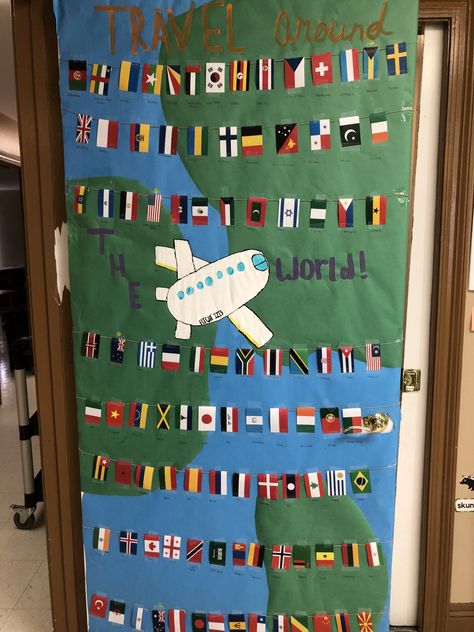 Travel around the world themed door! #classroom #travel #doordecorating Travel Classroom Door Ideas, Themes For Classrooms Ideas, Around The World Classroom Door, Around The World Door Decorations, Around The World Classroom Theme, Travel Classroom, Door Classroom, History Classroom Decorations, Travel Theme Classroom