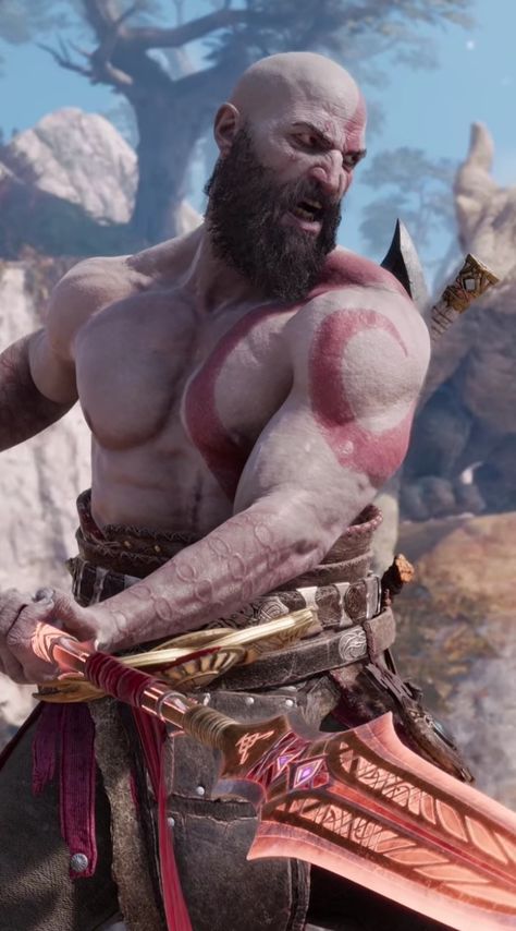 Kratos Screaming, Kratos Physique, Old Kratos, Greek Wrap, Giga Chad, God Of Wars, Bald Men Style, Patrick Bateman, Mask Tattoo