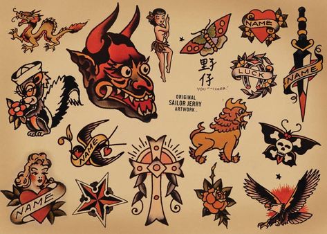 275+ Awesome Sailor Jerry Tattoos With Meanings (2022) - TattoosBoyGirl Flash Art Tattoos, Sailor Jerry Flash, Sailor Jerry Tattoo Flash, Sailor Tattoos, Cowboy Tattoos, Sailor Jerry Tattoos, Art Flash, Biker Tattoos, Kunst Tattoos