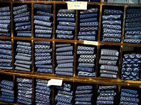 indigo fabrics | This shop specialized in indigo-dyed fabric… | liz west | Flickr Indigo Quilt, Indigo Dyed Fabric, Indigo Textiles, Japanese Quilts, Blue And White Fabric, Make Do And Mend, Blue Inspiration, Mood Indigo, Indigo Fabric