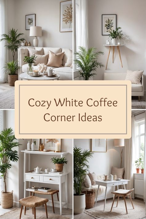 Explore the perfect cozy white coffee corner with stylish coffee decor and softly textured furnishings. This pin showcases 4 beautiful images highlighting elegant serveware, lush plants, and modern home elements for your coffee nook. Cozy Coffee Nook, Coffee Nook Ideas, Coffee Corner Ideas, Tall Potted Plants, Modern Serveware, Coffee Corners, Nook Inspiration, Scandinavian Look, Corner Ideas