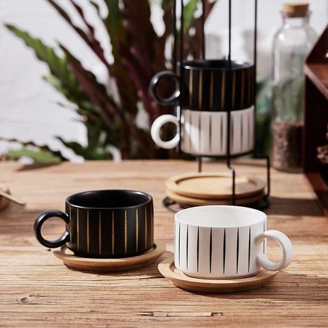 Make morning coffee more stylish with this set of four stacking cappuccino cups in black and white - a solution that saves space while looking chic and modern. Coffee Decanters, Espresso Mugs, Cafe Mocha, Coffee Party, Café Mocha, Cappuccino Mugs, Porcelain Espresso Cups, Espresso Cups Set, Cappuccino Cups