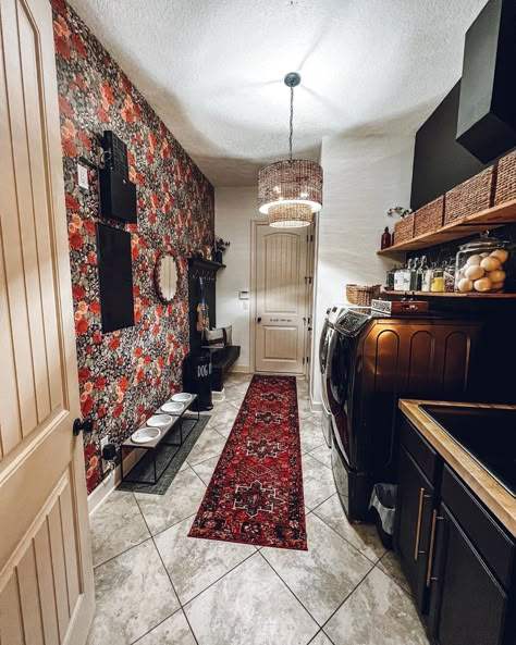 Dark Eclectic Laundry Room, Vintage Rug In Kitchen, Edgy Laundry Room, Utility Room Basement, Moody Vintage Laundry Room, Moody Laundry Room Wallpaper, Whimsigoth Laundry Room, Laundry Room Maximalist, Bohemian Laundry Room Ideas