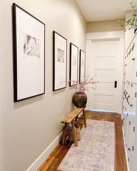 Megan Murphy on Instagram: “Hallways... Can be tough to decorate! Adding a photo wall with oversized frames from @framebridge was just what this wall needed!…” Farmhouse Hallway Decor Narrow, Farmhouse Hallway Wall Decor, Top Of Stairs Decor, Modern Hallway Decor, Modern Farmhouse Hallway, Farmhouse Hallway Decor, Hall Wall Decor, Megan Murphy, Farmhouse Hallway