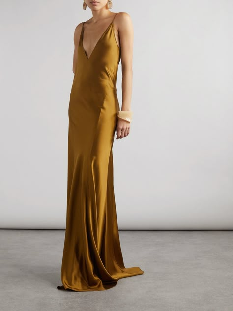 SAINT LAURENT does understated glamour so well. This gown is cut from panels of smooth silk-satin that drapes beautifully over your frame and has a plunging neckline and open back. Lift the sweeping hem with stiletto heels. Knee Length Jumpsuit, Formal Event Dresses, Wedding Dress Code, Black Gowns, Dress Tea Length, Gown Gold, Summer Formal, Wedding Guest Attire, Flat Dress Shoes