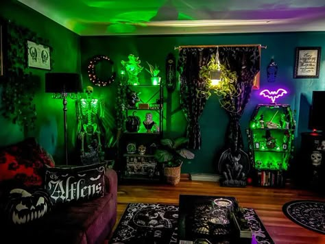 On 90 Degree Summer Days When You Can Just Close All Of The Curtains, Light A Fall Scented Candle, Blast The AC And Hide Inside Like A Vampire Horror Home Decor, Gothic Living Room, Horror Room, Tomb Sweet Tomb, Halloween Living Room, Goth Room, Halloween Bedroom, Spooky Home Decor, Room On A Budget