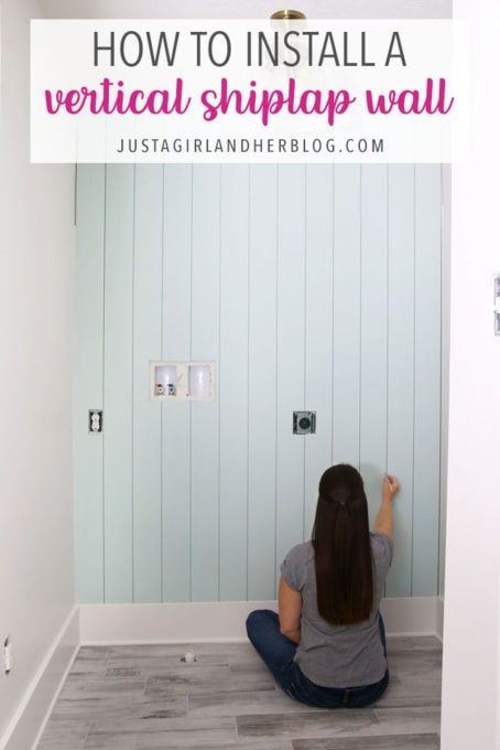 How to Install a Vertical Shiplap Wall | Abby Lawson Vertical Shiplap Wall Laundry Room, Install Shiplap Wall, Vertical Shiplap Wall Living Room, Shiplap Laundry Room, Vertical Shiplap Wall, Abby Lawson, Basement Steps, Vertical Shiplap, Shiplap Boards