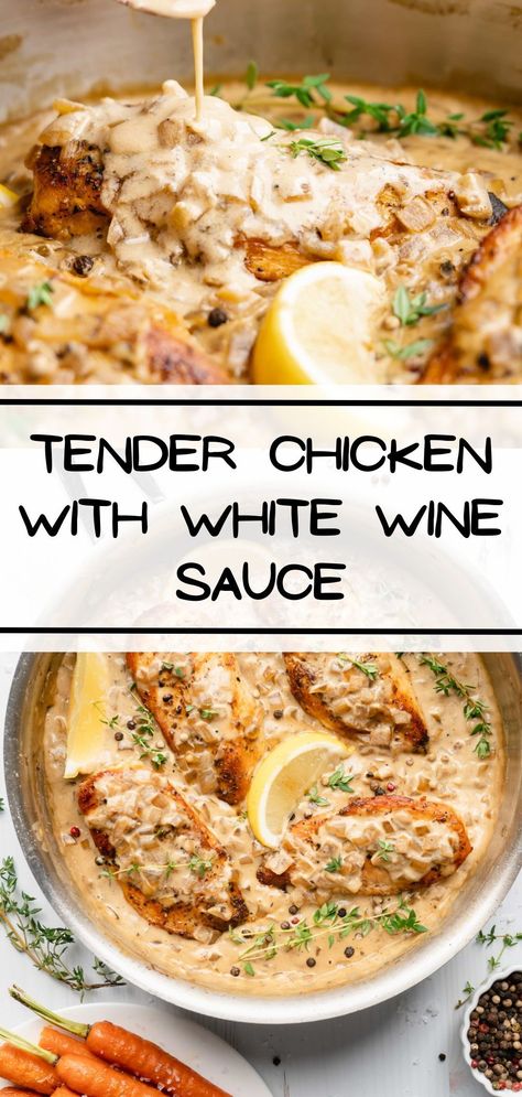 A delicious pan sauce is created using the fond from searing chicken, along with onions, shallots, cream and most importantly – white wine! Oh boy does chicken gets a major revamping in this recipe. Creamy Chicken In White Wine Sauce, Chicken With Red Wine Sauce, Chicken Red Onion Recipes, White Wine Chicken And Rice, Creamy White Wine Chicken, White Wine Lemon Butter Sauce Chicken, Chicken In White Sauce, Chicken And Shallots Recipe, Chicken White Wine Pasta