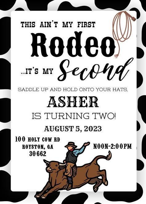 Do you have a little cowboy that is turning TWO? Celebrate him with a rodeo theme birthday party! Self editable invitation for your little man's birthday party! 50th Cowboy Birthday Party, Horse Birthday Party Boy, Second Birthday Boy Themes Ideas, Rodeo Toddler Birthday Party, Bull Riding Party, Bull Riding Birthday Party, Western 1st Birthday Party Boy, Second Rodeo Birthday Party, Rodeo Birthday Party Boy