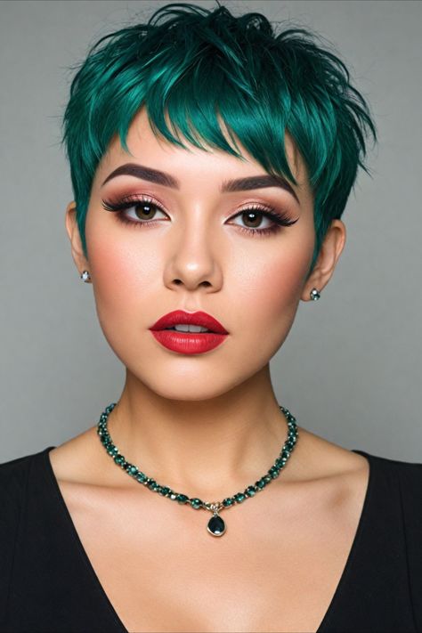 Short Pixie Cuts Emerald Green Hair Short Pixie, Brown Short Pixie Haircut, Pixie Ombre Hair, Colorful Pixie Cut, Green Pixie Cut, Chic Pixie Haircut, Hair Color Pixie Cut, Dyed Pixie Cut, Dark Pixie Cut