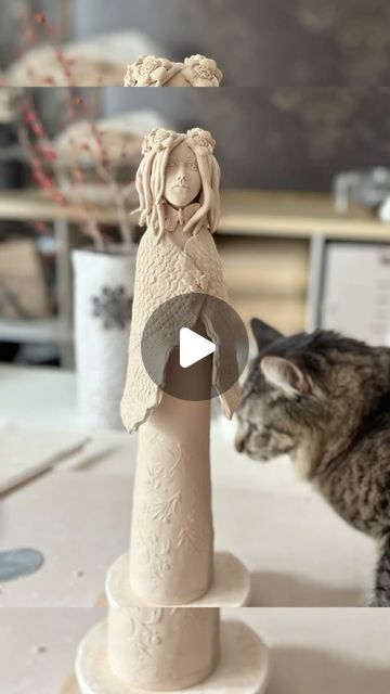 Gitti Lindner- Cinder Ceramics on Instagram: "Kenny helping me work on a new Woodstock themed flower child  sculpture. (Thank you Tina! ♥️)  He’s my perfect little helper😻 . . . #ceramics #ceramicsculpture #sculpture #sculptureart #flowerchild🌸 #ceramicist #ceramic #catlover" Clay People Figures, Ceramic Figures Sculpture, Ceramic People, Pottery Figures, Clay People, Ceramic Sculpture Figurative, Fun Characters, People Figures, Ceramic Figures