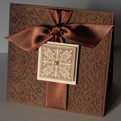 handmade card ... square format ... chocolate browns ... simple and elegant ... embossing folder texture ... square tile design focal point ...  shiny knotted ribbon ... Elegant Cards, Embossed Cards, Handmade Greetings, Embossing Folders, E Card, Paper Crafts Cards, Creative Cards, Embossing Folder, Xmas Cards