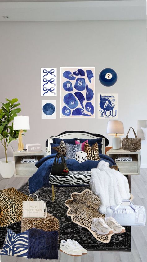 Blue And Leopard Bedroom, Cheetah Bedding, Leopard Room, Leopard Bedroom, Whimsical Maximalist, Animal Print Bedroom, Dark Blue Rooms, Blue Dorm, Cozy Dorm