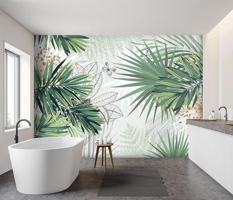 Amazon.com: YIHWM -Grey Jungle Botanical Animal Banana Leaf Fabric Wallpaper Living Room Tropical Plant Forest Leaf Wallpaper Bedroom Bathroom Wall Mural- 91"x65"（ not Peel and Stick） : Tools & Home Improvement Leaf Wallpaper Bedroom, Bathroom Wall Mural, Bedroom Fabric, Wallpaper Tropical, Leaf Fabric, Tropical Bathroom, Palm Leaf Wallpaper, Tree Mural, Tropical Botanical