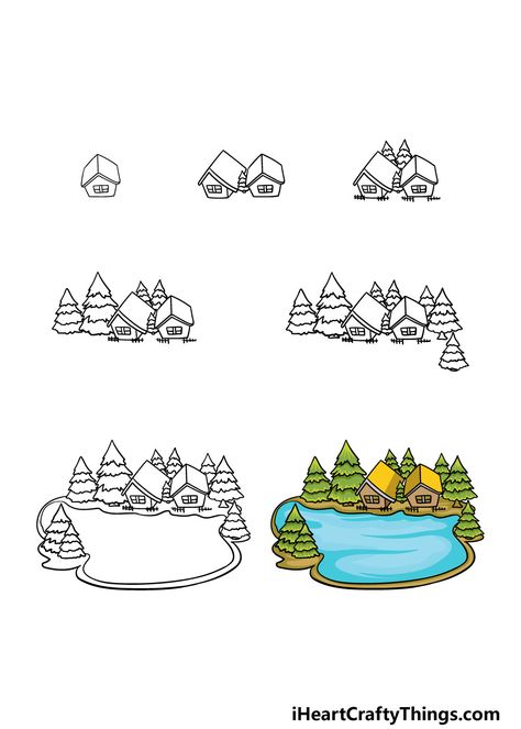 Lake Drawing - How To Draw A Lake Step By Step How To Draw A Lake, Lake House Drawing, Lake Doodle, Drawing Lake, Lake Drawing, Landscape Drawing Tutorial, Cabin Lake House, Town Drawing, House Doodle