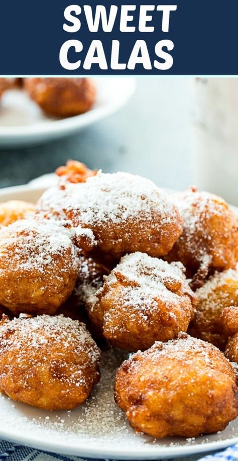 Sweet Calas - Spicy Southern Kitchen Cajun Doughnut, Creole Desserts, Cajun Dessert Recipes, Celiac Desserts, Southern Rice, Cajun Desserts, Dessert Gf, Rice Fritters, Nola Food